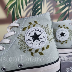 Customized Converse Embroidered Shoes Converse Chuck Taylor 1970s Embroidered Green Leaves Converse Shoes Best Gift for Her image 1