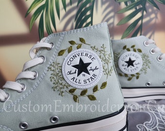 Customized Converse Embroidered Shoes Converse Chuck Taylor 1970s Embroidered Green Leaves Converse Shoes Best Gift for Her
