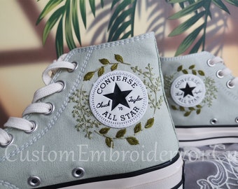 Spersonalizowane buty Converse z haftem Converse Chuck Taylor z lat 70. z haftowanymi zielonymi liśćmi Buty Converse Najlepszy prezent dla niej