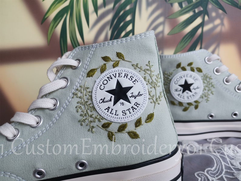 Customized Converse Embroidered Shoes Converse Chuck Taylor 1970s Embroidered Green Leaves Converse Shoes Best Gift for Her image 1