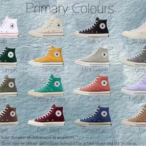 May include: A collection of 12 high-top sneakers in various colors, including white, beige, black, forest green, yellow, mint green, grey, olive, tiffany green, coral, taro purple, dark red, steel blue, coffee, and tan. The sneakers are arranged in four rows of three, with the color name written below each pair.