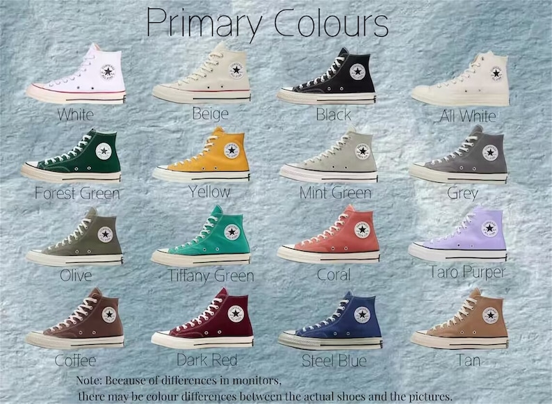 May include: A collection of 12 high-top sneakers in various colors, including white, beige, black, forest green, yellow, mint green, grey, olive, tiffany green, coral, taro purple, dark red, steel blue, coffee, and tan. The sneakers are arranged in four rows of three, with the color name written below each pair.