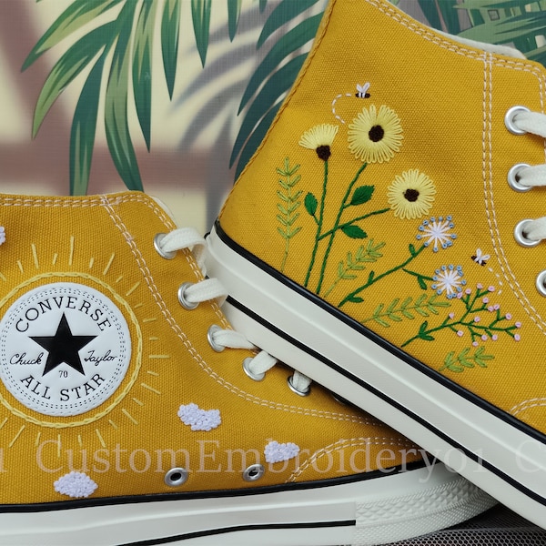 Custom Converse embroidered shoes Converse Chuck Taylor 1970s embroidered Daisies & Sun Converse shoes Best wedding gift for her