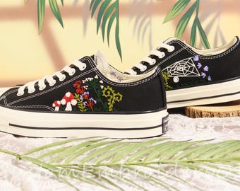 Customized Low-top Converse Embroidered Baby's Breath +Mushroom + Spider Web Shoes Converse Chuck Taylor 1970s Embroidered Best Gift for Her