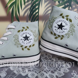 Customized Converse Embroidered Shoes Converse Chuck Taylor 1970s Embroidered Green Leaves Converse Shoes Best Gift for Her image 2