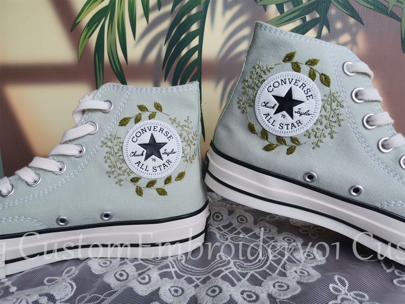 Customized Converse Embroidered Shoes Converse Chuck Taylor 1970s Embroidered Green Leaves Converse Shoes Best Gift for Her image 2