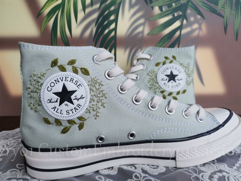 Customized Converse Embroidered Shoes Converse Chuck Taylor 1970s Embroidered Green Leaves Converse Shoes Best Gift for Her image 3