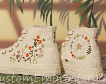Wedding sneakers/ Valentine Gift/Embroidered Wedding Flowers Shoes Wedding Converse Converse Embroidered Flowers Flat Gold Buckle Shoes