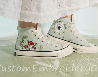 Custom Embroidered Converse high tops, Mushroom Embroidered Converse Shoes, Floral Embroidered Sneakers Custom, Gifts for Her