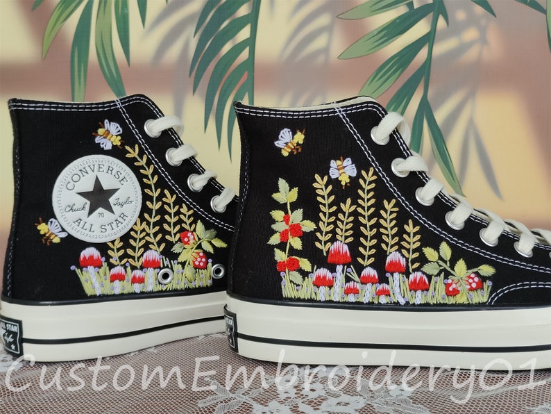 Customized Converse Embroidered Shoes Converse Chuck Taylor 1970s Embroidered Bee&Mushroom Converse Shoes Best Gift for Her image 4