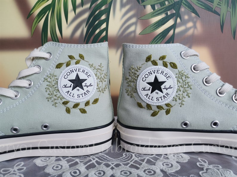 Customized Converse Embroidered Shoes Converse Chuck Taylor 1970s Embroidered Green Leaves Converse Shoes Best Gift for Her image 4