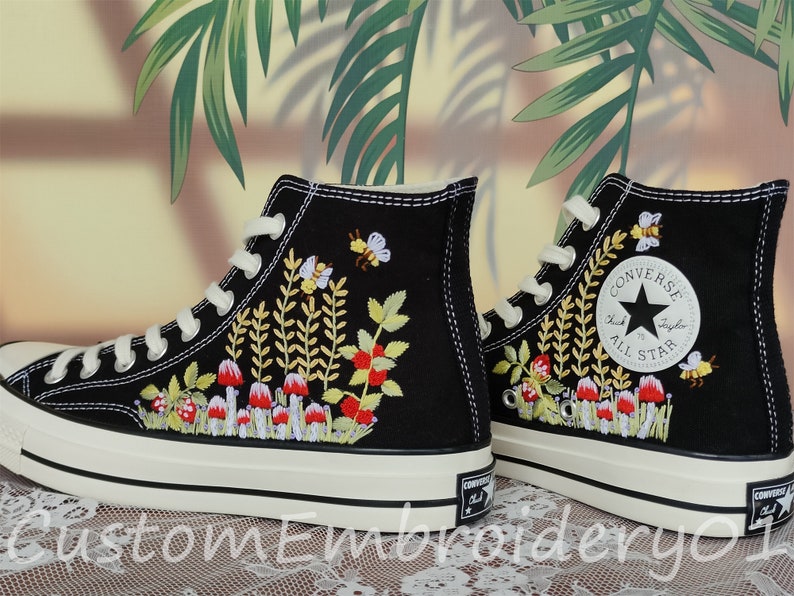 Customized Converse Embroidered Shoes Converse Chuck Taylor 1970s Embroidered Bee&Mushroom Converse Shoes Best Gift for Her image 2