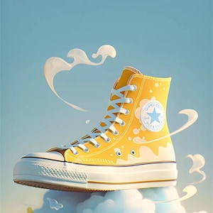 Peut inclure: Des baskets Converse jaunes à tige haute avec des lacets blancs et un logo d'étoile bleue. Les baskets sont recouvertes de peinture blanche éclaboussée et flottent sur un nuage.