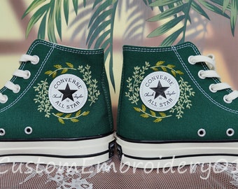 Customized Converse Embroidered Shoes Converse Chuck Taylor 1970s Embroidered Green Leaves Converse Shoes Best Gift for Her