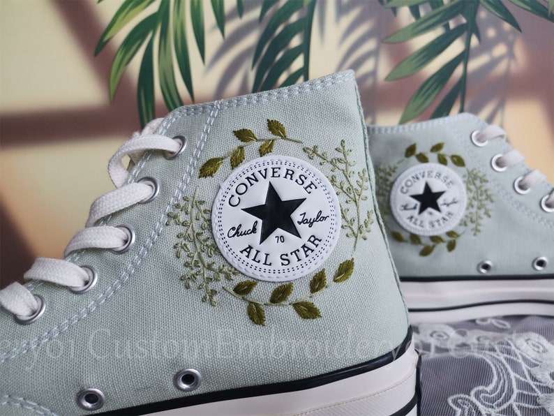 Customized Converse Embroidered Shoes Converse Chuck Taylor 1970s Embroidered Green Leaves Converse Shoes Best Gift for Her image 2