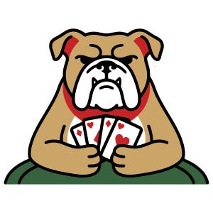 Puede incluir: Ilustración de dibujos animados de un bulldog sosteniendo naipes. El bulldog es de color canela con un collar rojo y tiene una expresión severa. Las cartas muestran los palos de diamantes, tréboles y corazones.