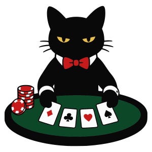 Puede incluir: Ilustración de dibujos animados de un gato negro con pajarita roja jugando al póquer. El gato está sentado en una mesa de póquer verde con cartas y fichas.