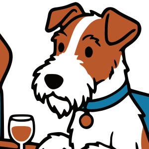 Puede incluir: Ilustración de dibujos animados de un perro con pelaje marrón y blanco, que lleva un collar azul con una etiqueta marrón. El perro sostiene una copa de vino con un líquido marrón. El fondo es blanco.