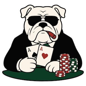 Puede incluir: Ilustración de un bulldog con traje y gafas de sol, fumando un cigarro y sosteniendo dos ases. El perro está en una mesa de póquer con montones de fichas. Las cartas son el as de picas y el as de corazones.