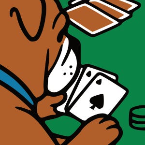 Puede incluir: Ilustración de dibujos animados de un perro marrón jugando al póquer. El perro sostiene cartas de juego, incluido el As de Picas. El fondo es verde, con cartas de juego y fichas de póquer adicionales visibles.
