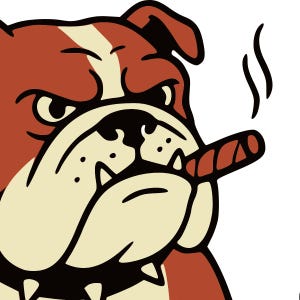 Puede incluir: Ilustración de dibujos animados de un bulldog fumando un cigarro. El bulldog es marrón y crema, con una expresión seria. El humo sale del cigarro. Fondo blanco.