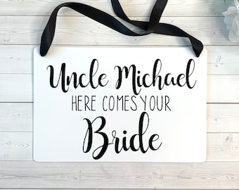 Personalized Uncle Here Comes Your Bride Ring Bearer Wedding Sign. Wedding Ceremony Decor. Uncle Name Wedding Sign. Rings Sign.