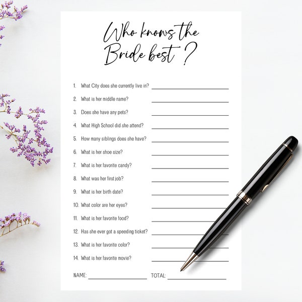 Who Knows the Bride Best, Bridal Shower Trivia, Bride Questions Wedding Shower Game, Bridal Shower Printable Games, Instant Download File