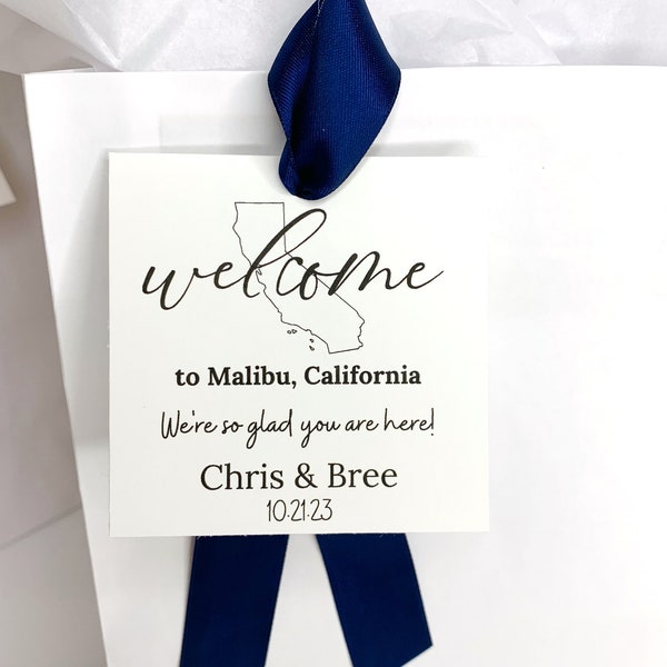 Wedding Welcome Bags. Hotel Wedding Guest Welcome Bag. Wedding Gift Bag. Welcome Tags with Ribbon. Welcome tags with state design C