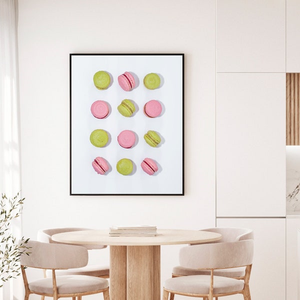 Green Pink Macarons Print - French pastry photo landscape wall art, top view poster Fine Nature Photography Digital unframed home décor