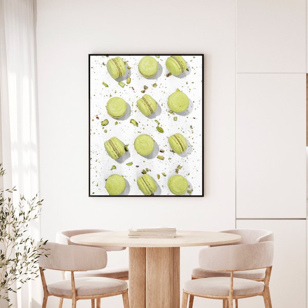 Green Macarons Print - French pastry photo landscape wall art, pistachio top view poster Fine Nature Photography Digital unframed home décor