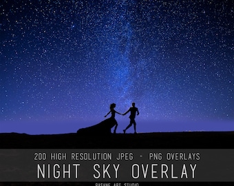 Night Sky overlays, Starry Night Photo Overlays Package, Stars Moon Sky PS Texture Background Effect PNG JPG Psd Bundle Layer Photo Editing