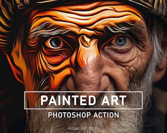 May include: A close-up of a man's face with half of his face painted in a stylized, colorful, abstract style. The text "PAINTED ART PHOTOSHOP ACTION" is displayed on a white rectangle.