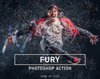 Peut inclure: Une action Photoshop d'effet d'art numérique appelée "Fury" avec un homme portant une veste rouge et noire, une chemise blanche et un jean bleu. L'homme crie et a un motif abstrait blanc et bleu derrière lui.