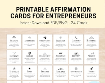 May include: A set of 24 printable affirmation cards for entrepreneurs. Each card features a black and white illustration and a positive affirmation. The cards are designed to help entrepreneurs stay motivated and focused on their goals.