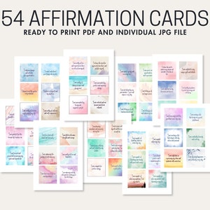 54 Tarjetas de afirmación positiva imprimibles Motivación de baraja para mujeres, Tema pastel de acuarela, Listo para imprimir DESCARGA DIGITAL