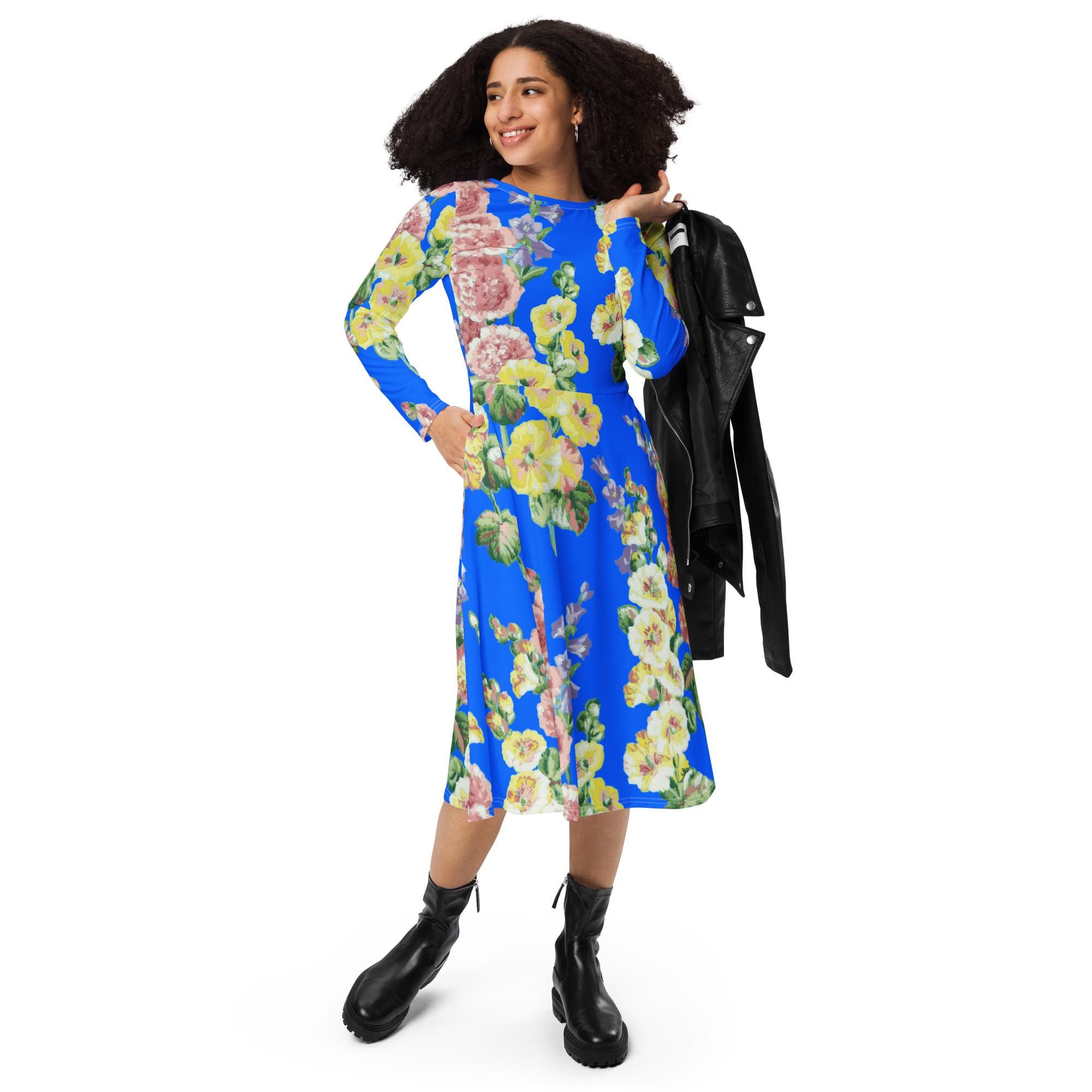 Blue Floral Long Sleeve Midi Dress Blue Floral Long Sleeve Midi Dress