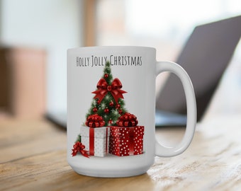 Ceramic Mug 15oz - Christmas Tree Mug, Holly Jolly Christmas Mug