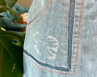 Vintage 70s Denim Maxi Skirt | Butterfly Lace Pocket Inset, Linda McCartney style