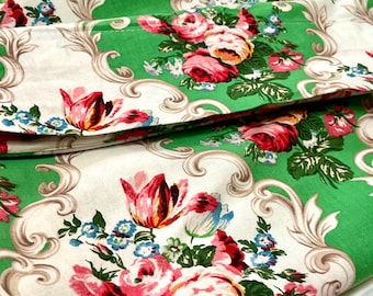 Vintage Cotton Pillowcase, Green Floral Scroll Print, Body Lumbar Cover, Retro Roses