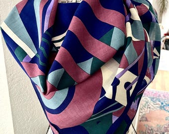 Vintage 1980s Ginnie Johansen Signed Wool Scarf Cubist Modernist Abstract Geometric Blue Mauve Green