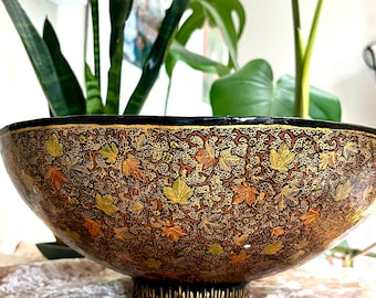 Vintage Kashmiri Papier-Mâché Bowl | Hand-Painted Chinar Leaf, Gold Naqshi Work
