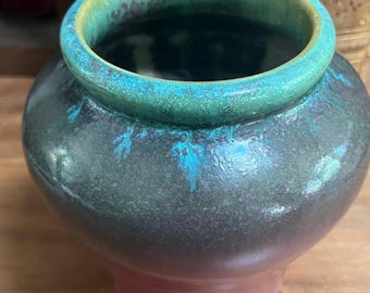 Antique Fulper Pottery Rafco Vase Moss Rose Green Pink Flambé Glaze 1910s