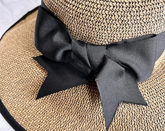 Laura Wells Handmade Paper Sun Hat: Wide Brim, Black Bow, Packable (M-L)