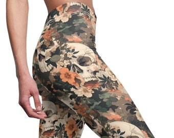 Womens Floral Skull Halloween Leggings Spooky Yoga Pants Leggings Printed Leggings Workout Halloween Activewear Dark Academia Mid Waist