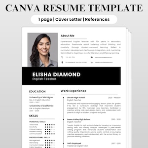 May include: A resume template with the text "CANVA RESUME TEMPLATE" at the top. The resume includes sections for "About Me," "Education," and "Work Experience." The resume features a photo of a woman and lists skills and experience.