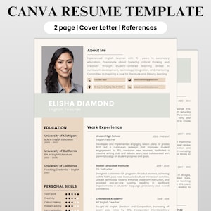 May include: A light beige resume template with a photo of a woman in the top left corner. The resume is titled "CANVA RESUME TEMPLATE" and includes the text "2 page | Cover Letter | References". The resume includes sections for "About Me", "Education", "Work Experience", and "Personal Skills".