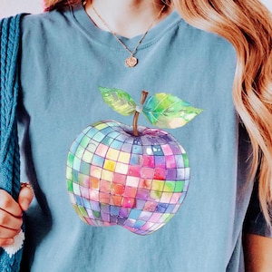 Disco Apple T Shirt  Comfort Colors  - Apple Shirt Gift for Teacher - Apple Graphic T-Shirt  for Woman  -  Retro Blue Oversized Graphic Tee