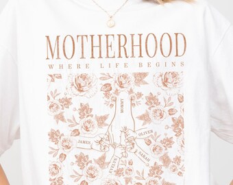 Custom Motherhood  Shirt, Personalized Mom T-Shirt, Add Kids Names, Motherhood Where Life Begins, Floral Family Tee | New Mom Gift