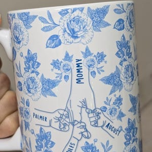 May include: White ceramic mug with a light blue floral pattern and the words "Light Blue" and two blue hearts at the top. The mug features a family-themed design with the words "Mommy", "Palmer", "Miles", and "August" in a blue script.