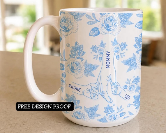 Gift for Boy Mom Twin Mommy Personalized Mother's Day Mug Baby Shower Birthday Custom Cup Custom Mother's Day Mug Holding Hands with Kids